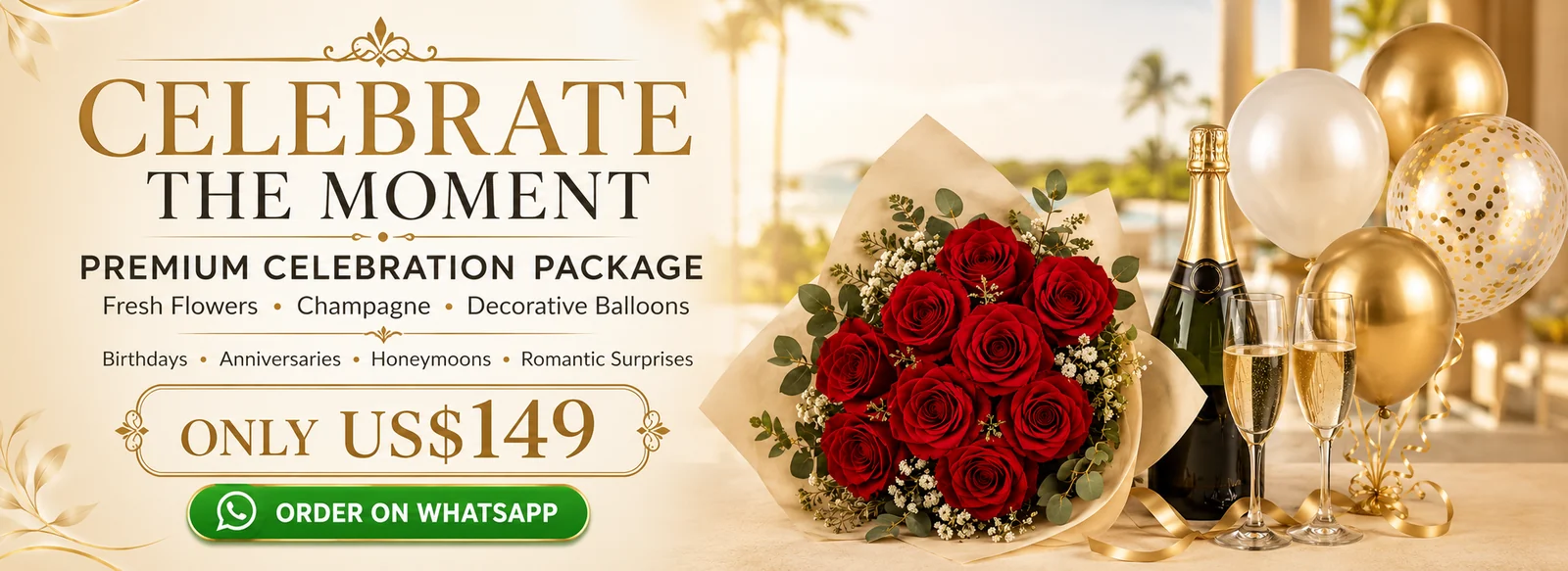 Premium Celebration Package with flowers, champagne and decorative balloons for US$149