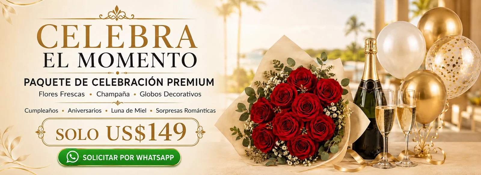 Paquete de celebración premium con flores, champaña y globos decorativos por US$149