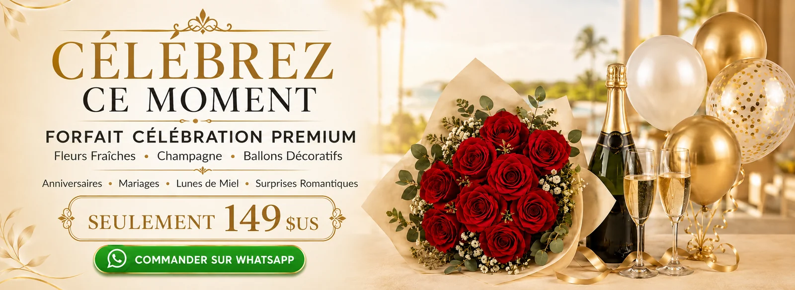 Forfait célébration premium avec fleurs, champagne et ballons décoratifs à 149 $US
